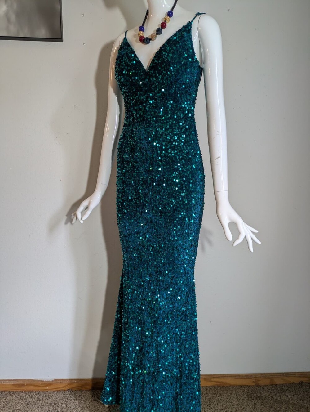 Baltic Born Emerald Teal Sequin Maxi Gown Dress Open Back Size S NWT
